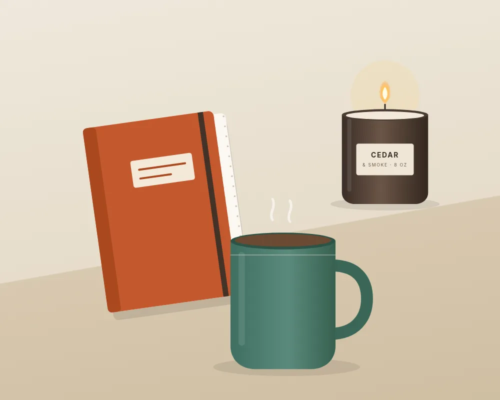 A green stoneware mug, a rust notebook and an amber candle on a linen surface